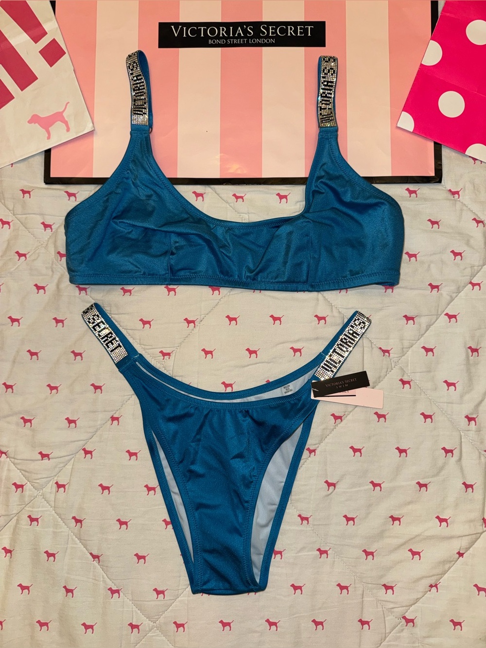 VICTORIA’S SECRET BIKINI SWIM SET TEAL BLUE SHINE STRAP BLING LOGO RARE NWT LG